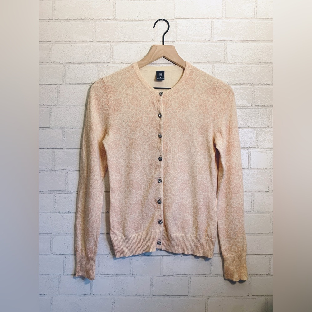 GAP Vintage Cream & Pink Paisley Cardigan Sweater with Jeweled Buttons